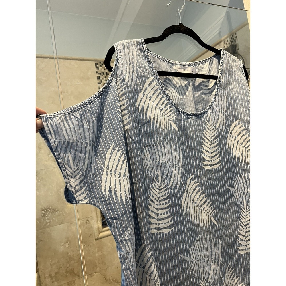 Billy T Women Blue Short Sleeve Blouse XL Batwing Cold Shoulder Boho Palm Print